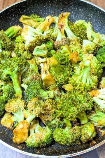 Top shot of broccoli stir fry in a pan