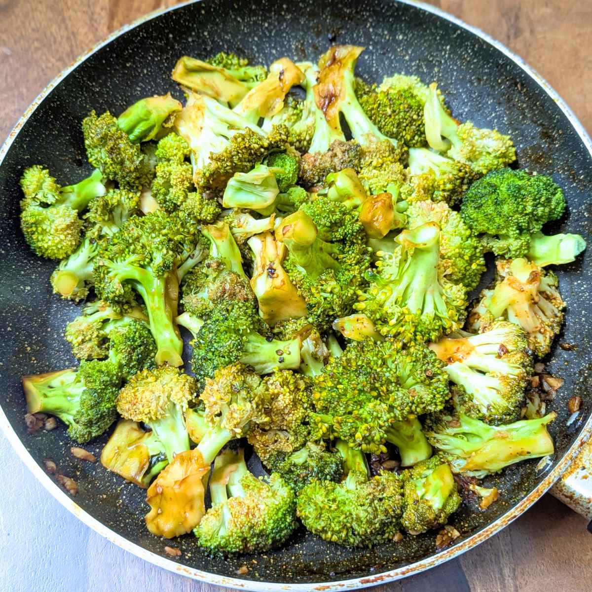 Top shot of broccoli stir fry in a pan